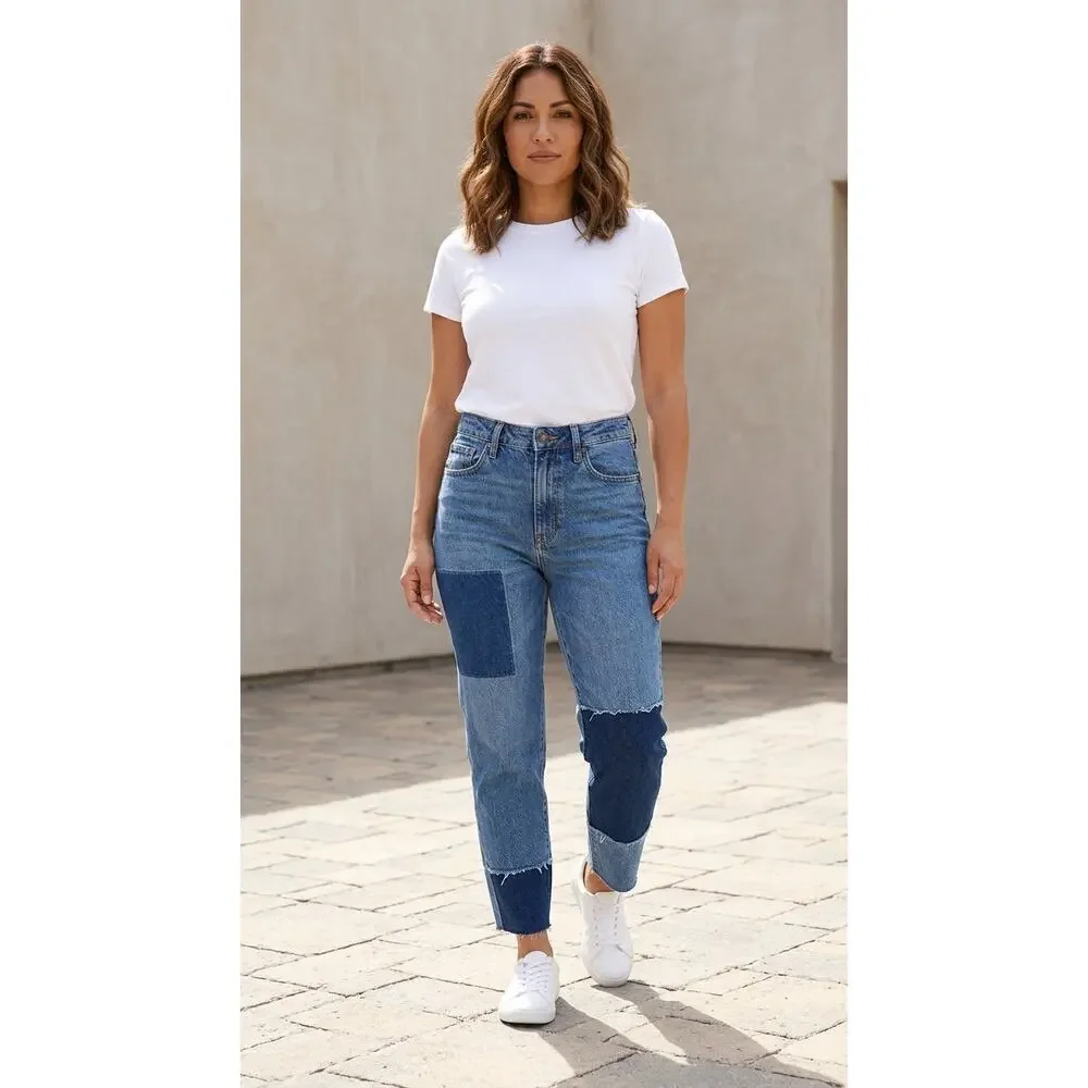 Hollister Cotton Blend Colorblock Mom Stretch Jeans Women Size W23 L25